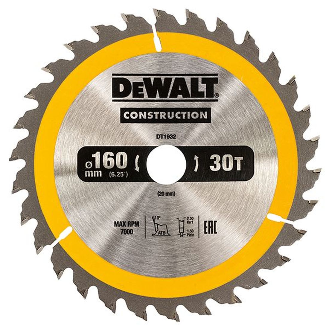DEWALT Portable Construction Circular Saw Blade 160 x 20mm x 30T HSS Hire