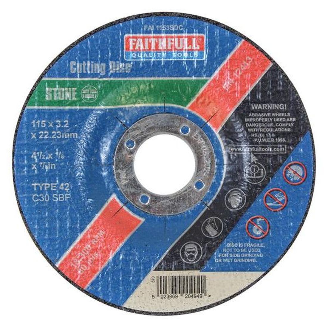 Faithfull Depressed Centre Stone Cutting Disc 115 x 3.2 x 22.23mm                         